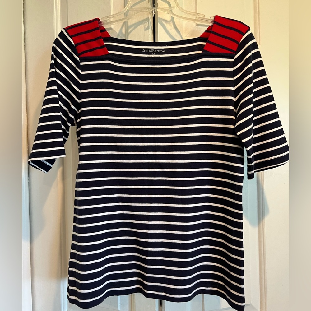 Nautical - Navy & White w Red Shoulders , Short Sleeve Shirt, 100% Cotton, Sz M